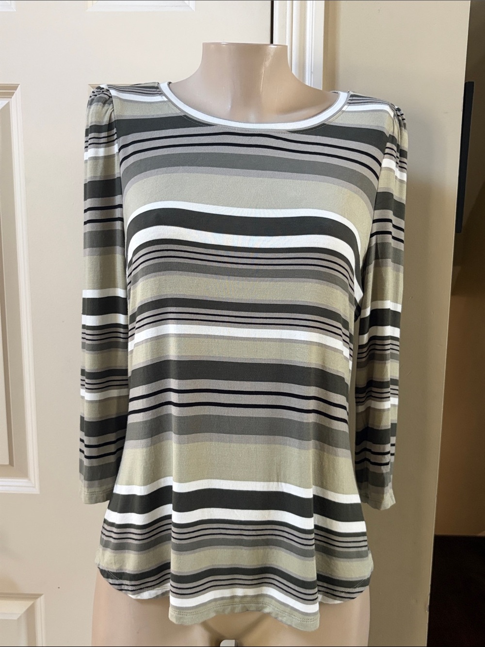 White House Black Market Olive, Black & White Striped Long Sleeve Top, large